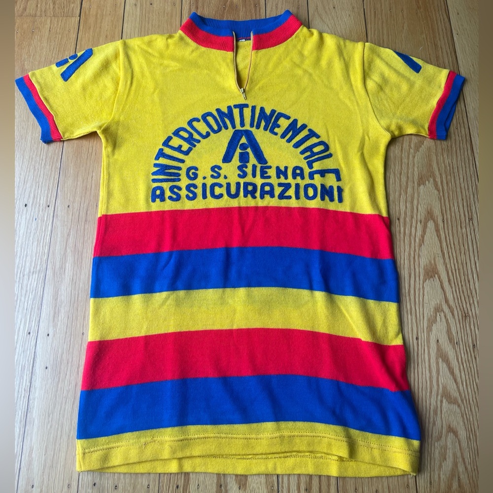 Yellow Cycling Jersey with Blue and Red Stripes